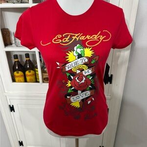 Ed Hardy Red 'True to My Love' graphic tee, featuring a dagger-and-rose design